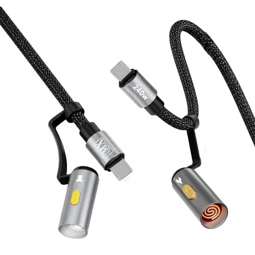 Image of MX 240W USB-C Cable 3-in-1 Multi-Function Charging Cable 1.2M with LED Flashlight & Electric Plasma Lighter, PD Fast Charging Cable with E-Marker Chip, Nylon Braided Type-C Cable for USB-C Devices