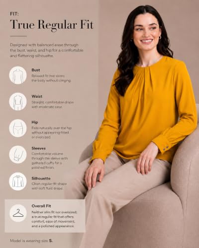 Image of Mirana Women's Full Sleeve Solid Top | Round Neck Pleated Front Regular Fit Office Casual Blouse with Button Cuffs