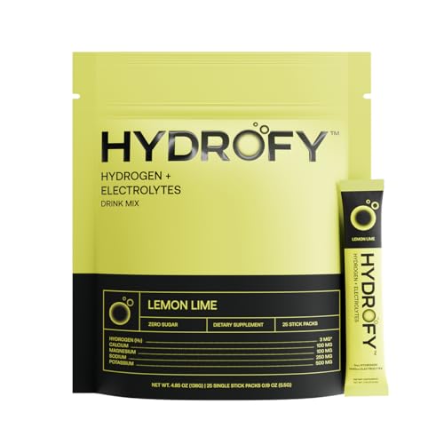 Image of Hydrofy Hydrogen Water + Electrolytes Drink Mix | H2 Hydration Packets with Molecular Hydrogen, Sodium, Potassium, Magnesium, Calcium, and Minerals | No Sugar | Lemon Lime | 25 ct