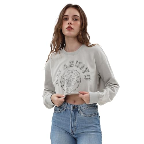 Amazhiyu Women Cropped Hoodie, Ladies Printed Sweatshirt Long Sleeves Pullover Crop Tops for Fall Spring UK Grey M