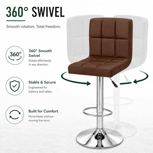 Image of Kemon KaiMeng Modern Adjustable Swivel Bar Stool Chair with Backrest, PU Leather Hydraulic Counter Stool with Footrest for Kitchen Island, Cafe & Home Bar, Brown, Square Tufted Back Stool