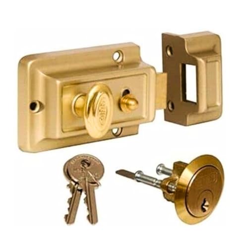 Garden Mile 3 Key Rim Night Latch Door Lock - Polished Brass Gate Lock Extra Security Front Door Lock Latches Fixings Backset Cylinder Safety for Gate Shed Latch Flat Smart