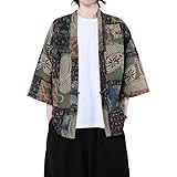 PRIJOUHE Men's Cotton Linen Kimono Robe Lightweight Open Front Kimono Jackets Japanese 3/4 Sleeve Yukata Bathrobe