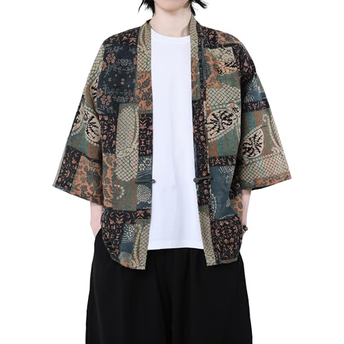 PRIJOUHE Men's Cotton Linen Kimono Jacket Lightweight Open Front