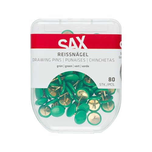 Punaises SAX, 80 pces, vert, diamètre de la tête 10 mm, en métal avec enveloppe en plastique, dans une boîte de rangement pratique