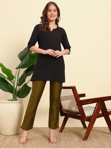 Image of Vogaan Women's Cotton Silk Pant | Half-Elasticated Waist Slim Fit Trouser for Women | Casual Pocket Pants for Office Formal Daily Use