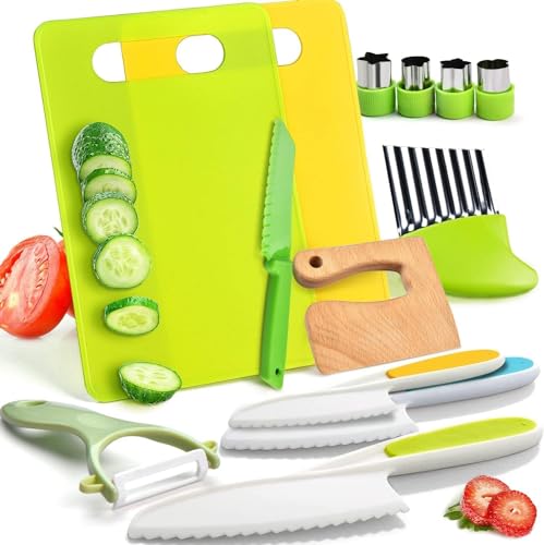 13 Pieces Kitchen Knife Set-Kids Montessori Kitchen Set Cooking Sets Real-Toddler Safe with Plastic Toddler Safe Knife Crinkle Cutter Kids Cutting Board Birthday Gift