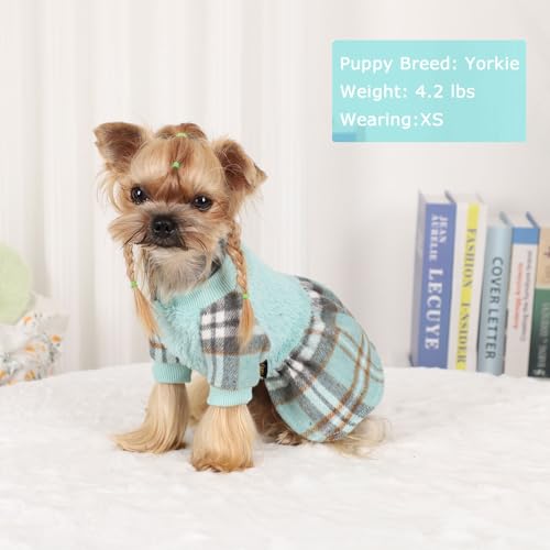 Image of Dog Sweater Dog Winter Clothes for Small Dogs Boy Girl Fall Puppy Dress Warm Fleece Chihuahua Yorkie Teacup Doggie Sweaters Dresses Doggy Sweater for Small Dogs Girl Cat Outfits, Green Plaid, S