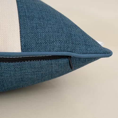 Yamminess LIANGPIANBAI-SHENLANSE3050 Blue Farmhouse Linen Lumbar Throw Pillow Cover Patchwork Burlap Cushion Case Neutral Faux Leather Oblong Pillowcase thumb #3
