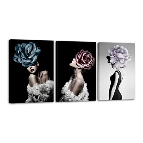 Woxfcart Art Figure Wall Decor - Ladies with Flowers on Their Heads - Fashion Posters for Teen Girls Room,Framed Canvas Wall Art - Black Walls DÃ©cor 16