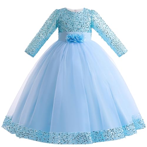 Glitter Girls Sequin Dress Ankle Length Fancy Tulle Maxi Dress with Long Sleeve Princess Ball Gown Blue 7-8 Years