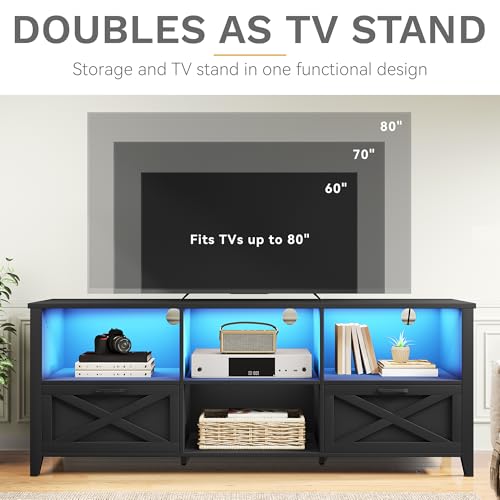 DWVO 70 Inch Farmhouse TV Stand with LED Lighting, Fits TVs up to 80 Inches, Media Console with Storage and Customizable Divider, Entertainment Center for Living Room (Black)