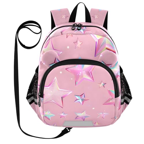 Pink Stars Toddler Backpack for Girls Boys 3-6, Kids Backpack with Leash, Preschool Kindergarten School Bag Mini Backpack for School Travel