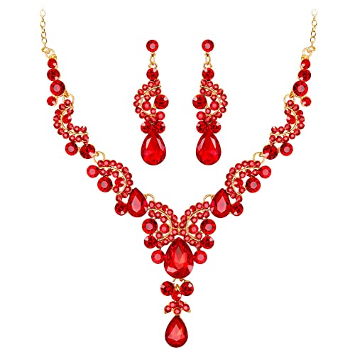 Wedity mariée mariage cristal collier boucles d'oreilles ensemble floral colliers ras du cou bijoux en forme de larme pour femmes et filles (rouge)
