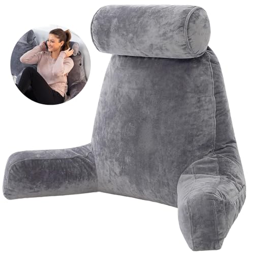 Opiniones y reviews de Almohadas de lectura Top 10. 49 Yundobop Almohada de Lectura con Soporte para Espalda y Cuello - Cojín con Reposabrazos, con Almohada Redonda, Bolsillo Lateral y Funda Lavable, Relleno de Algodón Perla (Gris)