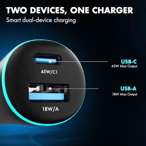 Image of PD 45W superfast Charging 2.0 Car Charger with Type C & USB A,Power Delivery, PPS & QC 3.0, Dual Port (45W + 18W), 12V-24V Compatible, Multi-Layer Protection, 2-Years Manufacturer Warranty