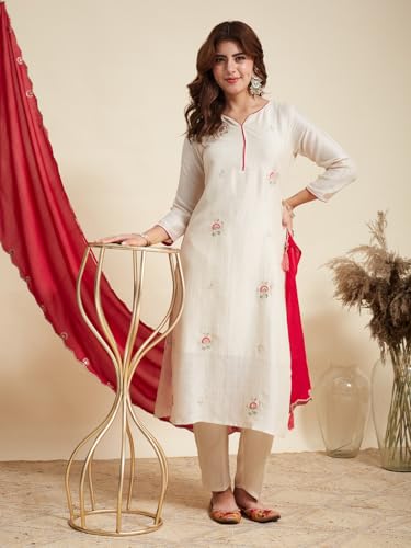 Image of MOKOSH Women's Silk Embroidery Kurta Pant with Dupatta | Kurta Set | Sweetheart Neck | 3 Piece Outfit | 3 /4 Sleeve Ethnic Suit