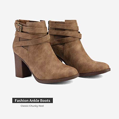 TOETOS Women's Chunky High Heel Ankle Boots Close Toe Fall Heeled Booties Shoes,Size 8.5,Tan,CHICAGO-032