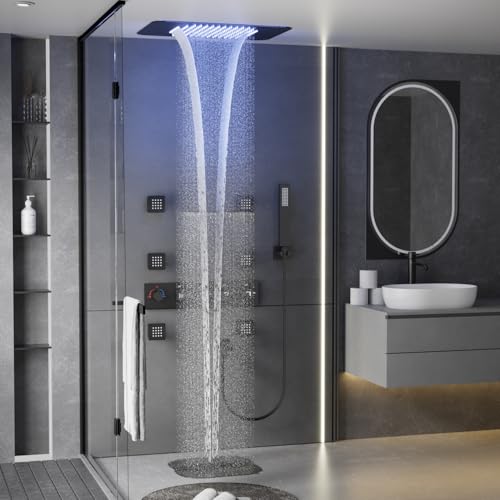 NWIASS Shower System with Body Jets, Black Thermostatic Rain Shower System with Handheld, Ceiling Full Body Shower System with LED Light and Music, 23 Inch Large Flow