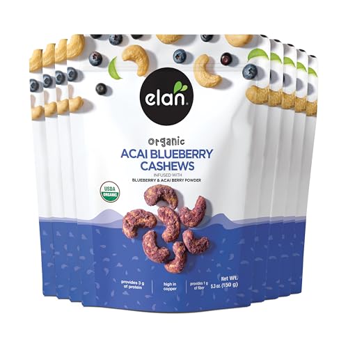 Image of Elan Organic Acai Blueberry Cashews, Non-GMO, Vegan, Gluten-Free, Kosher, Glazed Nuts (Roasted Cashews, Acai Berry Powder, Blueberry Juice Powder), Superfood Infused Nuts, 8 pack of 5.3 oz