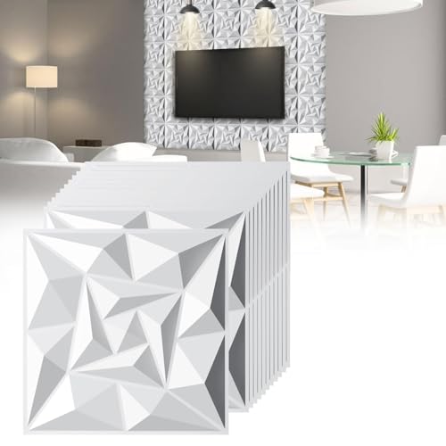 Jopassy 3D Wandpaneele Diamant 12 Stück 50 x 50 cm (3m²), 3D Wall Panels Gaming Zimmer, PVC Wanddeko Platten, Wasserfest, Matt weiß