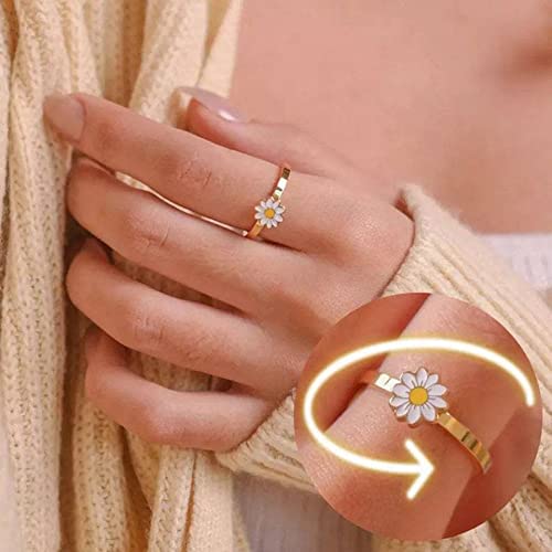 Tiny Daisy Flower Fidget Spinner Rings for Women Sterling Silver Plated Anxiety Rotate Freely Stress Relief Open Stacking Finger Ring Eternity Promise Statement Fashion Sweet Calming Jewelry Gifts Birthday Bff3