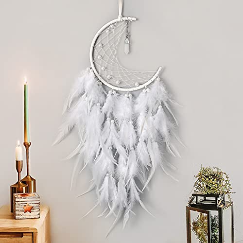 Weldomcor Attrape de Rêves Lune Faite Main Capteur de Rêves en Plumes Bohème Dream Catcher pour Chambre Décoration Murale Ornement Maison, Blanc Cover