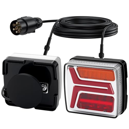 DTEANJU Lot de 2 Feux arrière magnétiques 35 LED pour remorques 12V avec Câble de 10 m, IP67 Feu de remorque Base Aimanté avec fonctions Stop et Position...