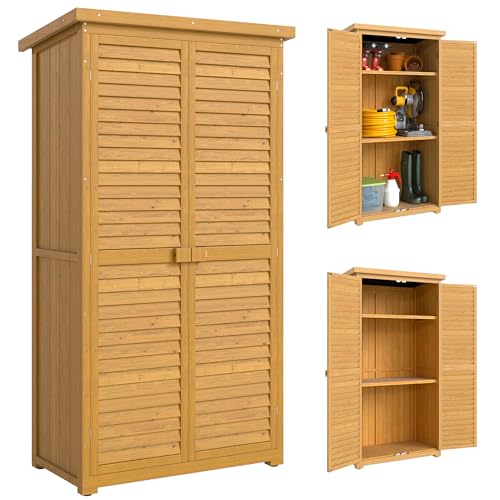 Outsunny Gartenschrank Holz, Geräteschuppen wetterfest 87x46,5x160cm, Gerätehaus mit Tür, Pultdach, Böden, Geräteschrank, Gartenhaus Werkzeugschrank Gartenschuppen für Garten, Terrasse, Natur