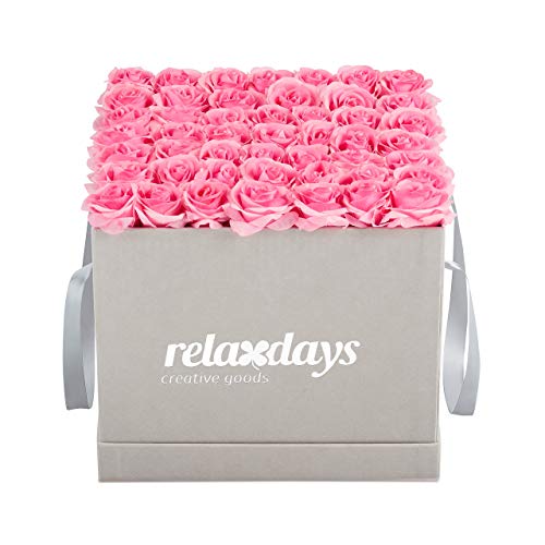 Relaxdays Rosenbox eckig, 49 Rosen, stabile Flowerbox grau, 10 Jahre haltbar, Geschenkidee, dekorative Blumenbox, rosa