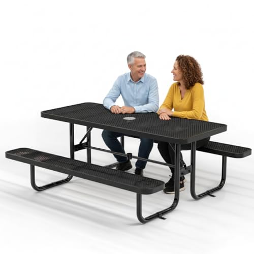 OUTTANS Metal Picnic Furniture for Outdoors with Umbrella Hole - Coated Steel Heavy Duty Commercial Grade Table with Adjustable Seats, Patio Set for a Lifetime (Black, 6' Rectangular)