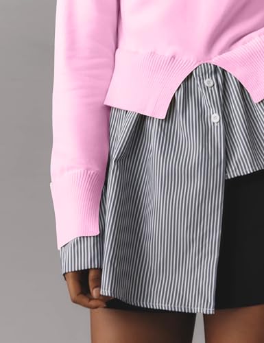 Image of MISSACTIVER Women Slit Turtleneck Patchwork Sweater 2 in 1 Buttons Down Pullover Knit Sweater Asymmetrical Hem Shirt Top