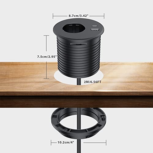 Prise encastrable plan de travail 80mm Dinolink avec USB C et câble de 2m pour bureau noir