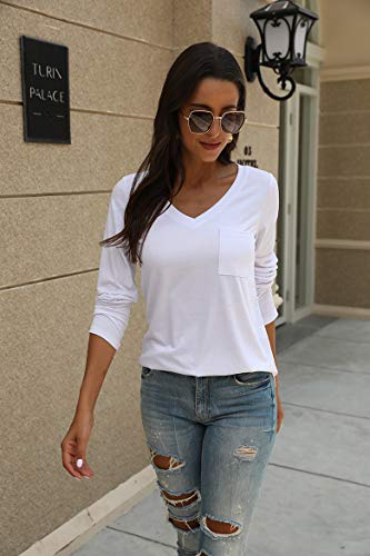 Tobrief Womens T Shirts Long Sleeve V Neck Loose Casual Basic Tee Tops (M, White-5)