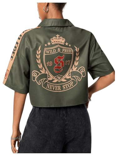 SOLY HUX Women's Summer Button Down Vintage Shirt Short Sleeve Graphic Crop Tops Motorcycle Blouse4
