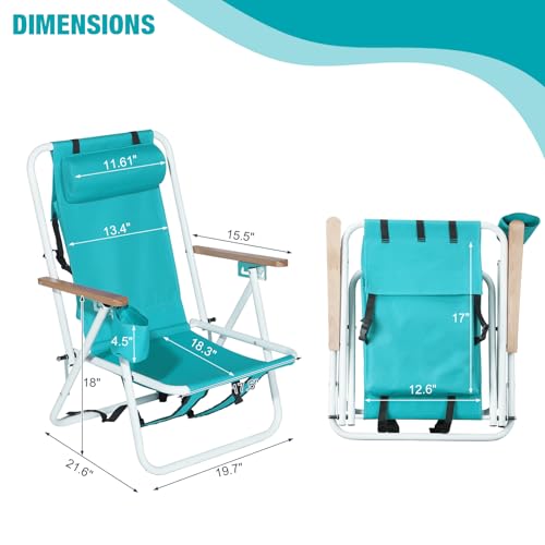Folding Beach Chair Adjustable Headrest w/4 Flexible Tilt Angle, with Backpack Design, Headrests, Cup Holders & Armrests - Ideal for Sand,Camping, Lawn Concerts (Headrest,Mint Green, 1 pcs) - image 3