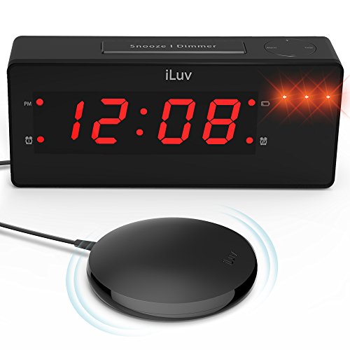 iLuv Time Shaker Wow Vibrating Bed Shaker Alarm Clock for Heavy Deep Sleepers, LED Display, Super Loud Panic Alert, Flashing Red Alert Light, Multiple Vibration Levels, Dual Alarm, USB Charging Port