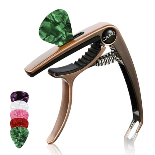 Image of TecoKart Guitar Capo with 5Pcs Picks, 3 in 1 Zinc Alloy Capo for Ukulele, Acoustic and Electric Guitars, Guitar Accessories for Clear Sound and Fret Protection