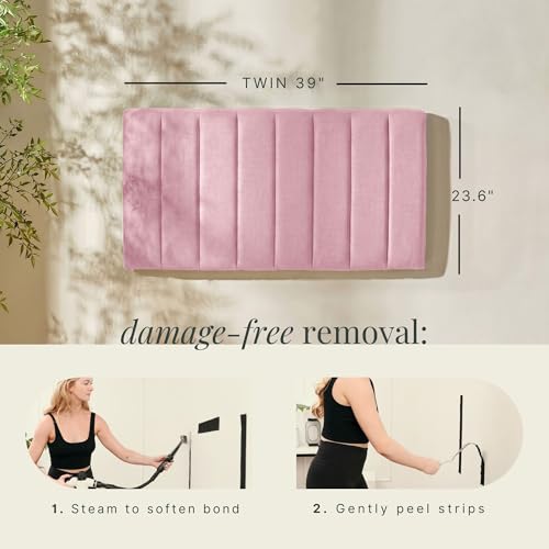Image of Hearth & Harbor Wall Mounted Twin Headboard Only, Bed Headboard Twin Size | Easy Assemble, Floating Peel and Stick, Upholstered, Channel Stitched, 3D Wall Panels, 5 Strips of 3M Tape Included, Pink