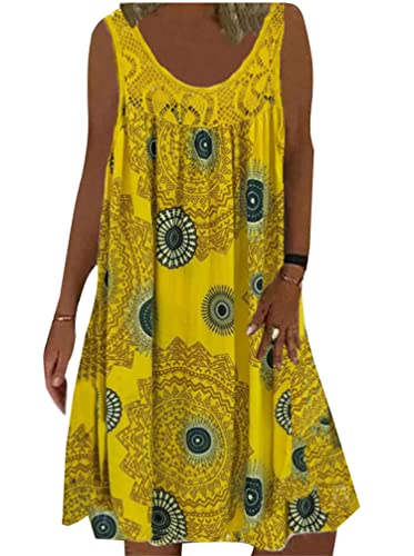 Minetom Sommerkleid Damen Rundhals Spitze Druck Strandkleid A-Linie Kleid Knielang Tunika Kleider Ärmellos T-Shirt Kleid A Gelb XXL
