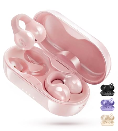 King Lucky i21 Open Ear Clip On Earbuds Wireless Bluetooth Ear Clip Headphones with Mic,Noise Cancelling, Waterproof IPX4,for Small Ears,Perfect for Running,Sports,Glasses Wearers (Pink)