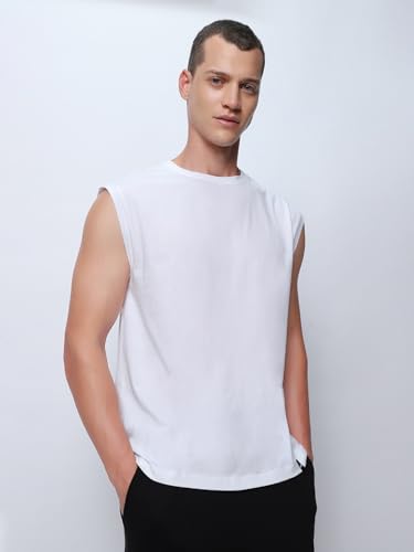 Image of Bewakoof Men's Solid Oversized Fit Sleeveless Round Neck Cotton Jersey Vest