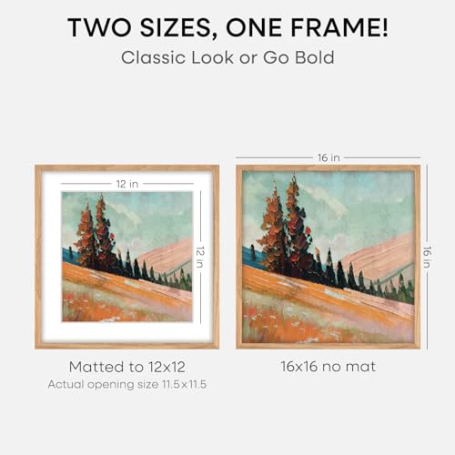Image of Homeforia 16x16 Picture Wood Frame, High End Natural Oak 16 x 16 Square Light Wooden Frames with Mat 12 by 12 inch Photo, 16by16 Poster Frames Matted to 12x12 Print, Tempered Glass, Wall Kit, Set of 4