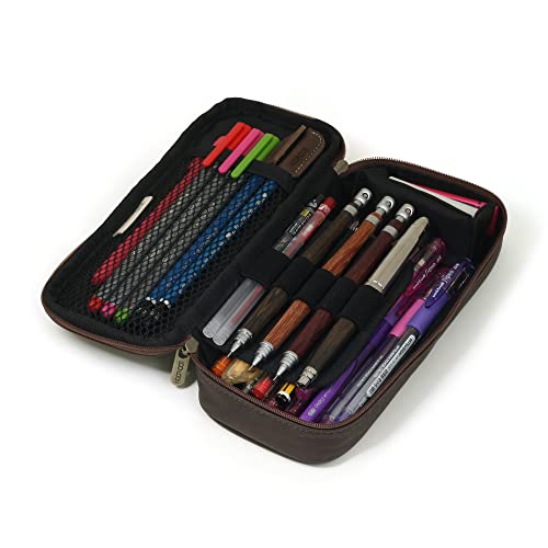 Image of LOONLOON 664 Wood Pencil Case Dark Brown - Large Capacity Multi-Section Pen Pouch with Divider for School, College, Office, Student Stationery Organizer