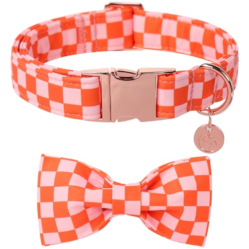 DOGWONG Orange Pink Plaid Dog Collar with Bow - Adjustable and Comfortable Autumn Dog Collar Fall Necklace for Large Medium Small Pet,XL by DOGWONG - Used condition - US$13.71