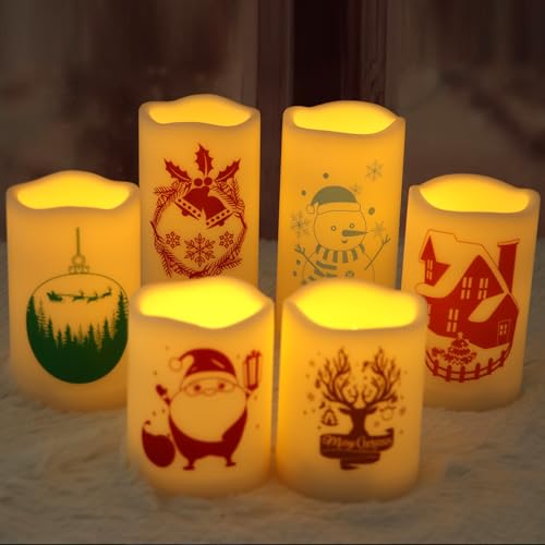 Image of CANDLE CHOICE Waterproof Outdoor Christmas Battery Operated Flameless Candles with Remote Auto Timer Realistic Flickering Electric LED Pillar Lights with Christmas Decals for Xmas Decorations 6 Pack