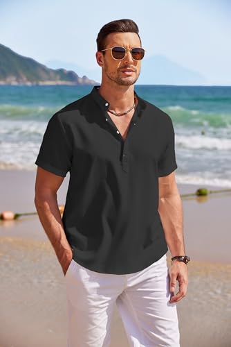 COOFANDY Men's Linen Henley Shirt Short Sleeve Casual Summer Beach Hippie T Shirts2
