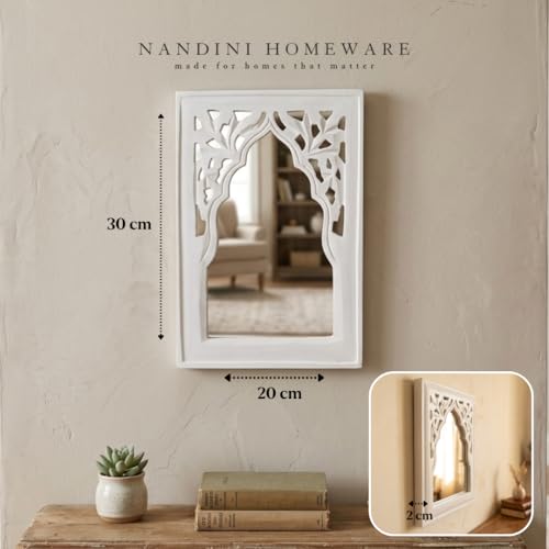 Image of Handcrafted Traditional White Rajasthani MDF Wooden Mirror Jharokha Wall Art | Rajasthani Heritage Boho Style Decorative Wall Hanging (White Rajasthani)