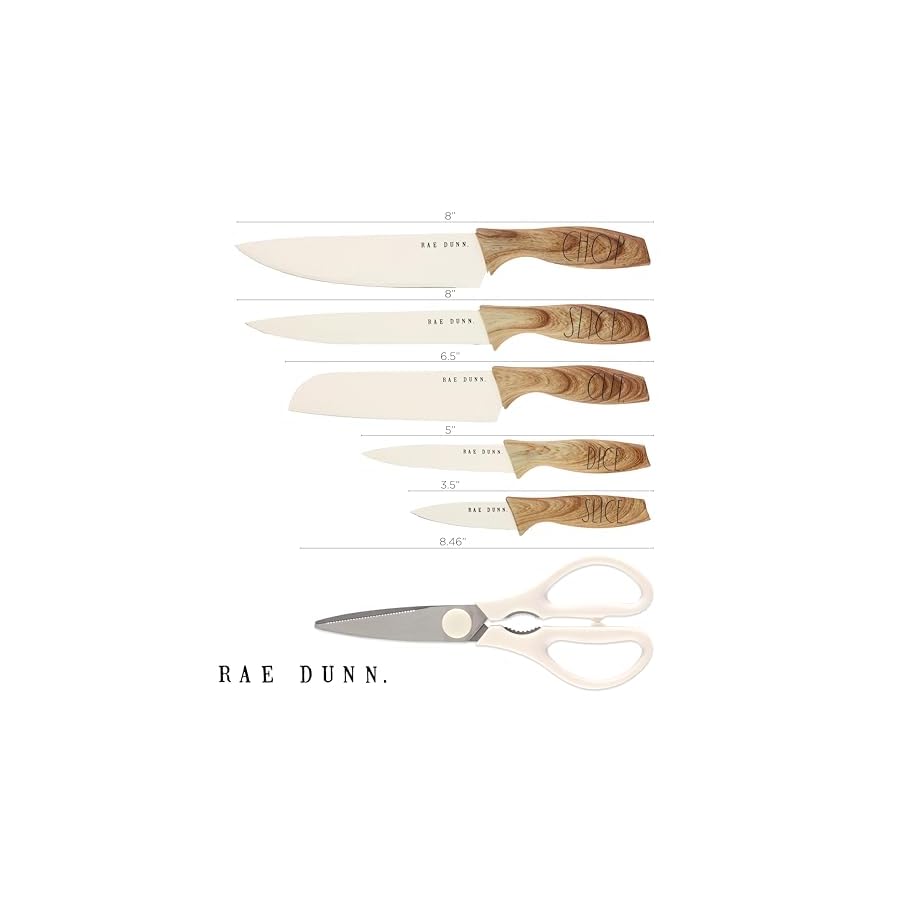 Rae Dunn 7PCS Knife Set with Block for kitchen, Stainless Steel Razor-Sharp Blade, Triple Riveted Ergonomic Handle,Essential Knife Set