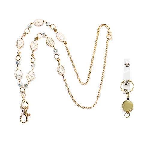 TIANHAO Badge Lanyards for Women, Retractable Lanyards for ID Badges and Keys, Multifunctional Fashion Bead Lanyards Necklace Lanyards Composed of Stainless Steel and Natural Stone, Gold